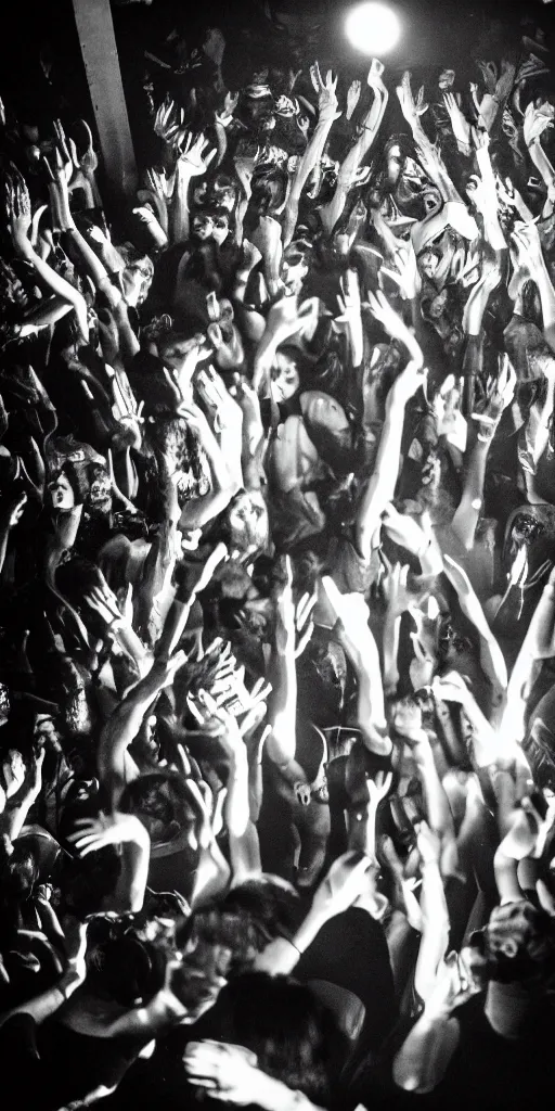 Image similar to « glitched people dancing techno in an underground club smoke, stroboscope, music, dj, vj, crowd inside, dark , photography, realism»