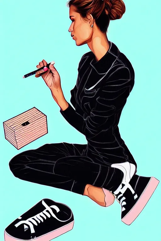 Image similar to a ultradetailed painting of a stylish woman sitting on a pile of sneaker boxes trending on artstation