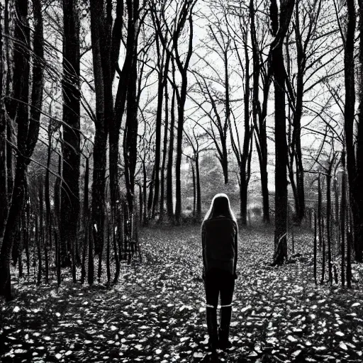 Image similar to A young woman stands in the middle of a dark and eerie forest, her heart racing as she hears the sound of twigs snapping, leaves rustling, and something watching her from the shadows.