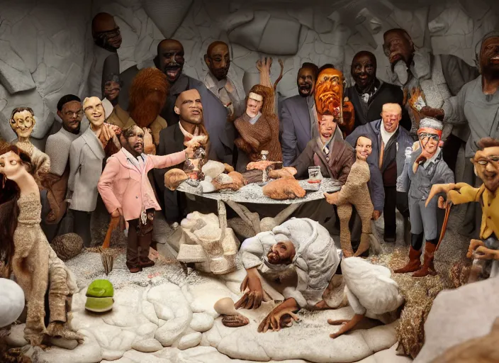 Image similar to detailed studio photography of a claymation diorama of kanye west hosting a party for chicken, zeiss lens, detailed, by erwin olaf, joop geesink, wes anderson, jim henson, brian froud, breathtaking, 8 k resolution, beautiful lighting, studio light, extremely detailed, establishing shot, realistic materials, hyperrealistic