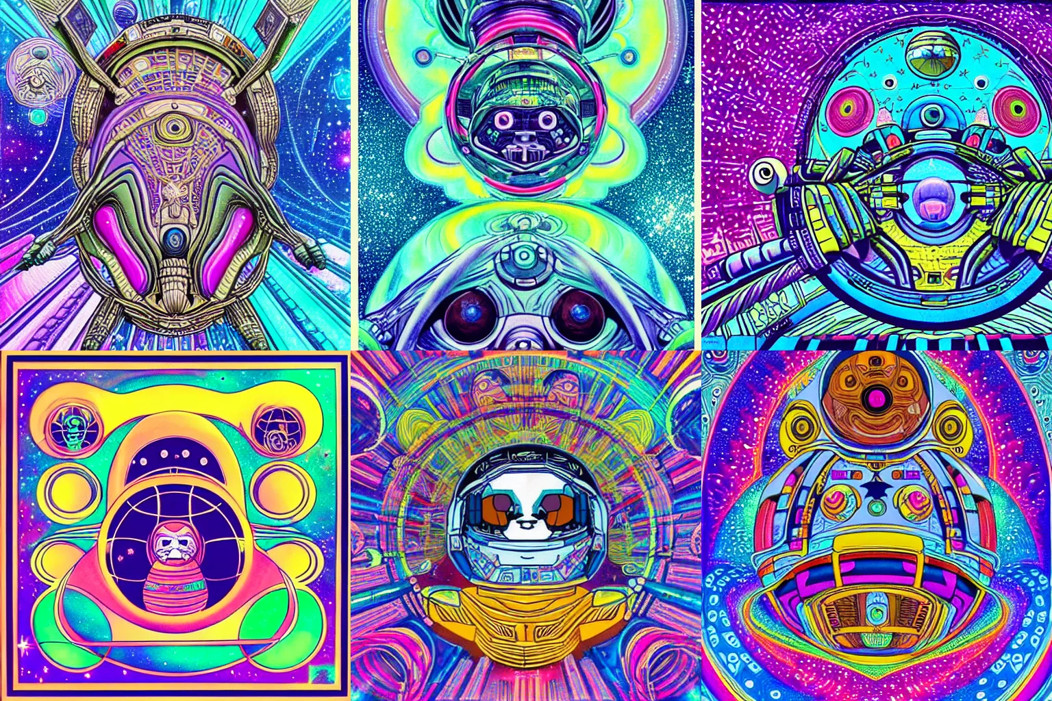 Prompt: a geometric interstellar sloth cosmonaut floating near a scifi galactic city in lunar orbit, a intricate astral nebula, supernova in the style of lisa frank,klimt,giger,escher,alex gray