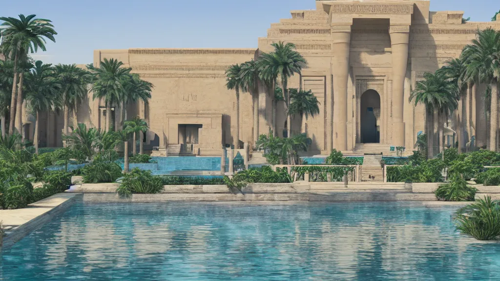 Image similar to a photograph of the front of a new egyptian palace, with a small pool in front, exterior view, close - up, mid - day, palm trees and lush vegetation, hieroglyphs on the buildings, ray - traced reflections of the buildings and trees in the water