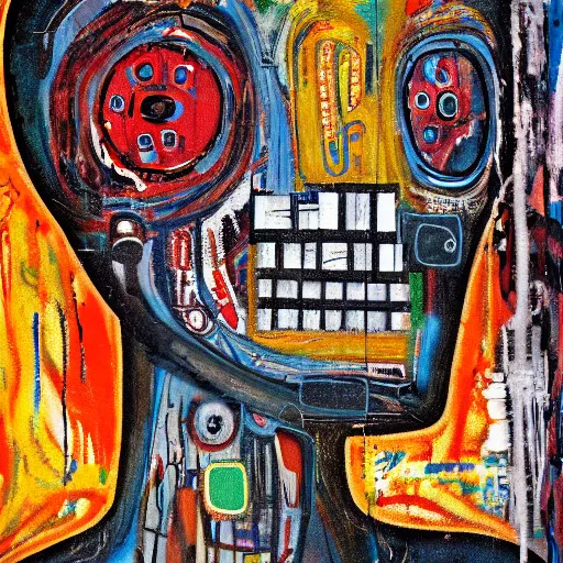 Image similar to artificial intelligence oil painting by klimt and graffiti by Jean-Michel Basquiat in airbrush by H.R. Giger