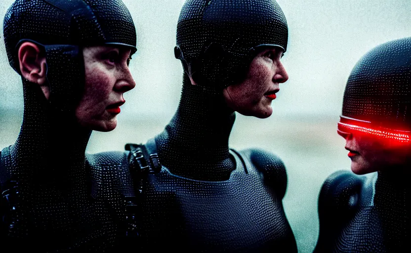 Image similar to cinestill 5 0 d candid photographic portrait by christopher nolan of two loving female androids wearing rugged black mesh techwear in treacherous waters, extreme closeup, modern cyberpunk moody emotional cinematic, pouring rain menacing red spotlight, 8 k, hd, high resolution, 3 5 mm, f / 3 2, ultra realistic faces, ex machina