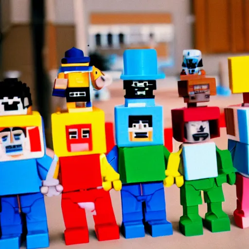 Prompt: 35 mm photo of block figures looking like roblox figures who are sharing a computer in a block world, having fun in the sun, bright and fun colors