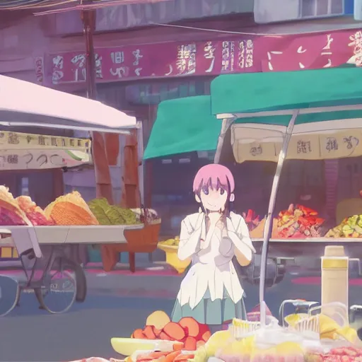 Prompt: vtuber anime girl, eating at a market, fantasy, studio ghibli, screenshot from the anime film by makoto shinkai, 8k