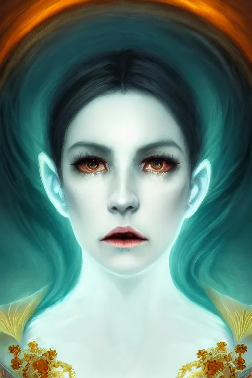 Prompt: portrait of a vampire , dark fantasy, gradient white cyan, dreamy and ethereal, orange eyes, ghost, golden ratio, peaceful expression, ornate frilly dress, fantasy, intricate, elegant, rainbow spikes, highly detailed, digital painting, artstation, concept art, smooth,b sharp focus, illustration, art by artgerm and greg rutkowski and alphonse mucha