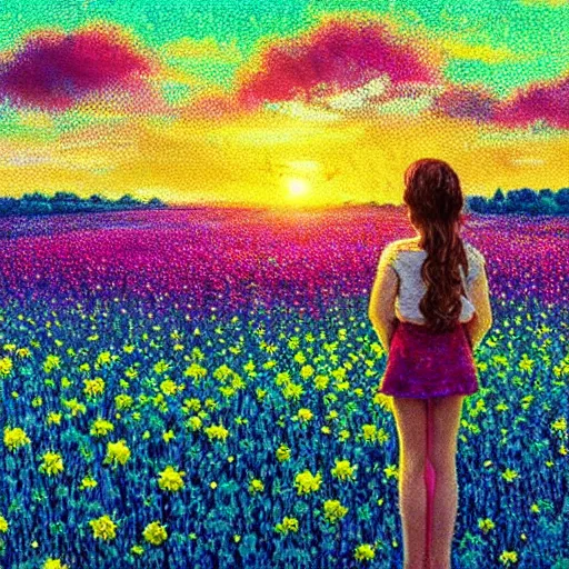 Image similar to large flower head, girl standing in a flower field, surreal photography, sunrise dramatic light, impressionist painting, colorful clouds, digital painting, pointillism, artstation, simon stalenhag