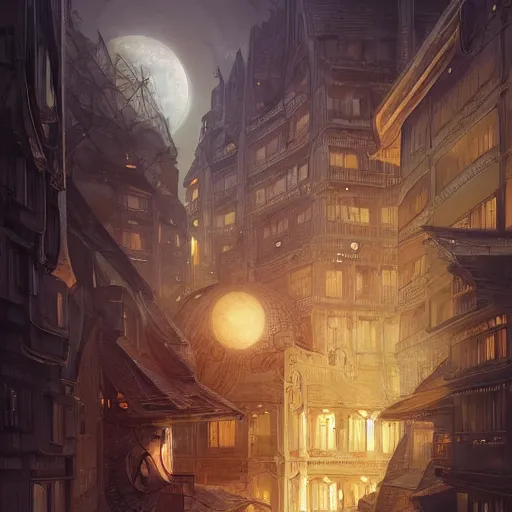 Image similar to It’s crowded streets of German sleeping quarters on the Moon city, Frankfurt, sci-fi, fantasy, intricate, very very beautiful, elegant, highly detailed composition, digital painting, artstation, concept art, smooth, sharp focus, illustration, art by artgerm and greg rutkowski and alphonse mucha