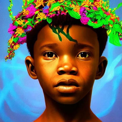 Image similar to colourful vfx art - portrait of nigerian boy wrapped in flowers & vines, art by frank frazetta & tadanori yokoo, volumetric light, ray tracing, unreal engine, octane render, sharp, detailed, digital painting, illustration, highly detailed, intricate detail, pinterest, behance, art station,