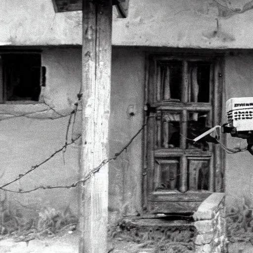 Prompt: scarry old granny filmed om security camera, village 1976, bw, high detailed, horror