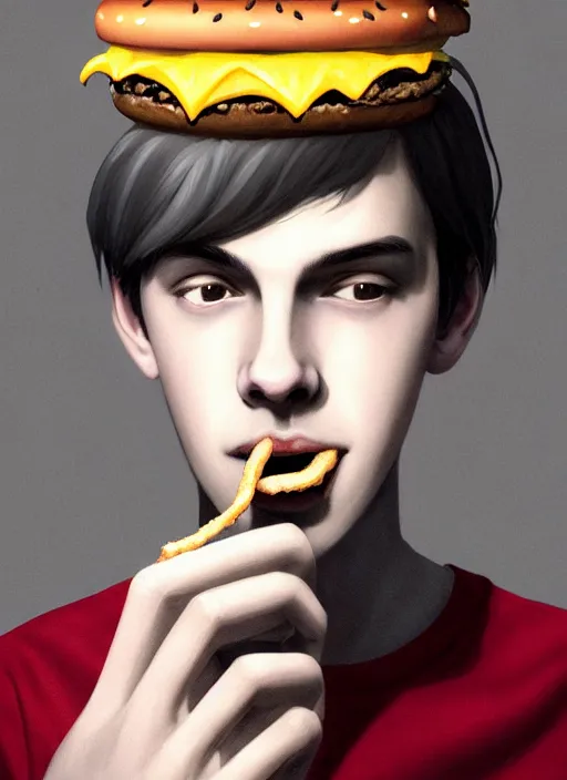 Image similar to portrait of teenage jughead jones wearing a light grey crown, crown, eating hamburger, eyes closed, crown, black hair, intricate, elegant, glowing lights, warm lighting, highly detailed, digital painting, artstation, concept art, smooth, sharp focus, illustration, art by wlop, mars ravelo and greg rutkowski