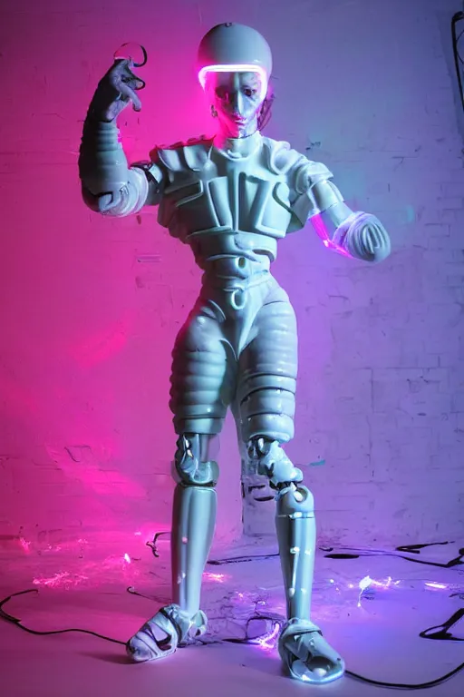 Prompt: full-body neon porcelain baroque cyberpunk style sculpture of a muscular handsoe prince as a high-fashion half-robot wearing retro shades with a porcelain body, corrupted battery, leaking glowing neon radioactive liquid, electric sparks, glowing violet laser beam eyes, crown of giant crt monitors, flowing pink and orange neon-colored glitched silk, luminescent fabrics, mechanical raptors. baroque and steampunk elements. full-length view. baroque element. intricate artwork by caravaggio. Very very very very highly detailed epic photo of face. Trending on artstation, octane render, cinematic lighting from the right, hyper realism, octane render, 8k, depth of field, 3D
