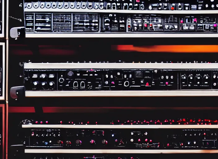 Image similar to photo still of a rack of synthesizers, 8 k