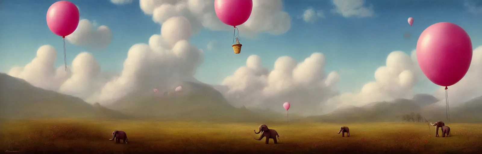 Image similar to A pink elephant happily walking in a field of clouds, balloons in the sky, mountains in the background, illustration, detailed, smooth, soft, warm, by Adolf Lachman, Shaun Tan, Surrealism