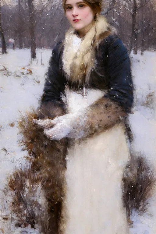 Prompt: Richard Schmid and Jeremy Lipking full length portrait painting of a young beautiful edwardian girl hold a victorian fur handwarmer standing in the snow