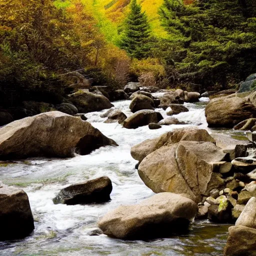 Image similar to a beautiful landscape, river, rocks, trees, polygonal