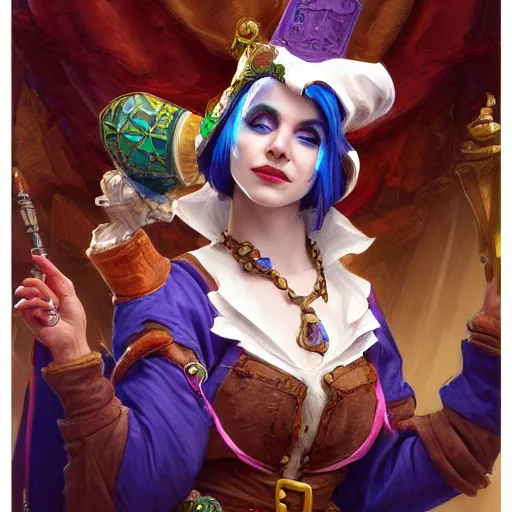 Image similar to a ferret dressed as a jester, d & d, fantasy, intricate, elegant, highly detailed, digital painting, artstation, concept art, matte, sharp focus, illustration, hearthstone, art by artgerm and greg rutkowski and alphonse mucha