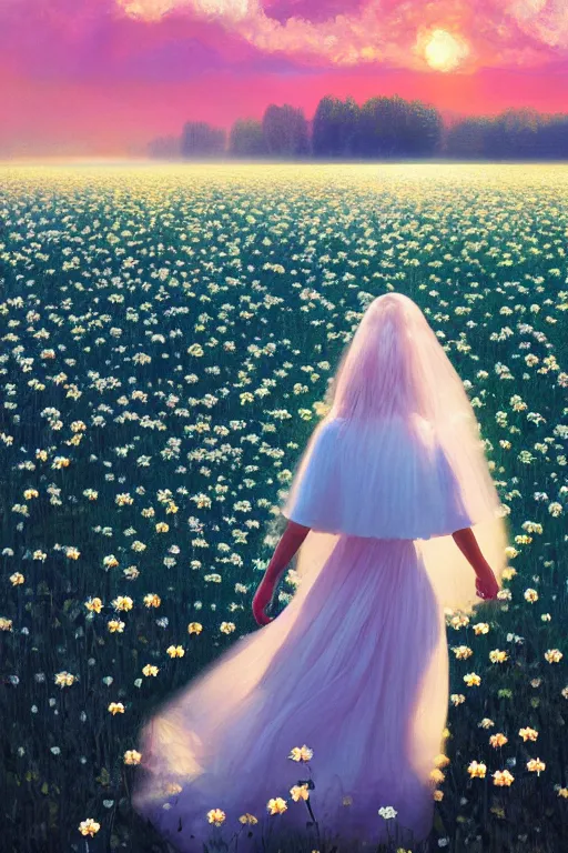 Image similar to white daisy flower face, girl with veil walking in a flower field, surreal photography, sunrise, dramatic light, impressionist painting, colorful clouds, digital painting, artstation, simon stalenhag