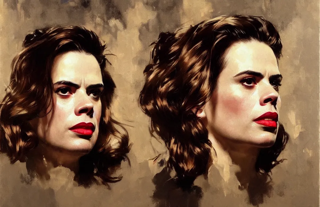 Prompt: portrait of hayley atwell!!!!!!!!!!!!!!!!!!!!!!!!!!!, detailed face, detailed painting, epic lighting, by ilya repin, phil hale and kent williams