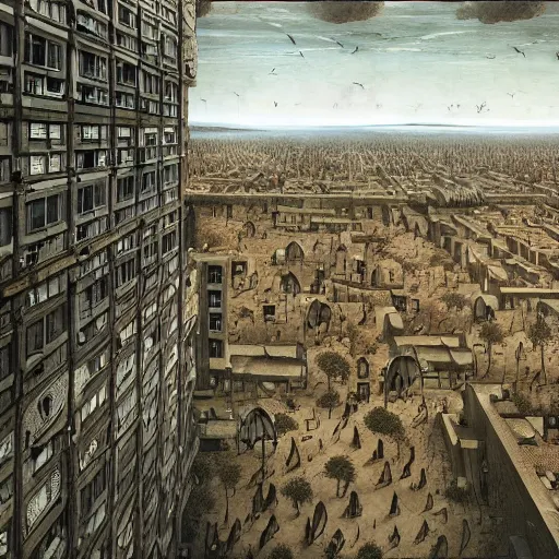 Image similar to sci fi containment building in a city, architecture detailed illustration surrealism by dariusz klimczak pieter bruegel