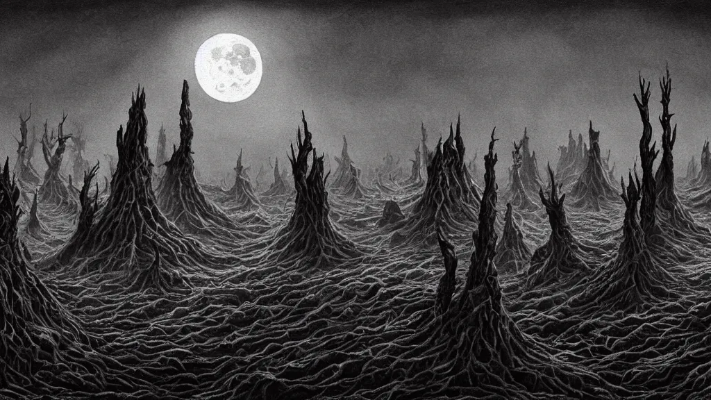 Image similar to detailed stylized horror illustration of the dead and dried up oceans, ethereal world of dead oceans and lifeless endless deserts, under a pale dead moon, a dried and desiccated world, folk horror artwork, dramatic dark eerie lighting, horrific surreal nightmare, 8k resolution artwork, horror art, eerie, creepy, trending on artstation, painting, elaborate excellent painted illustration, smooth, sharp focus