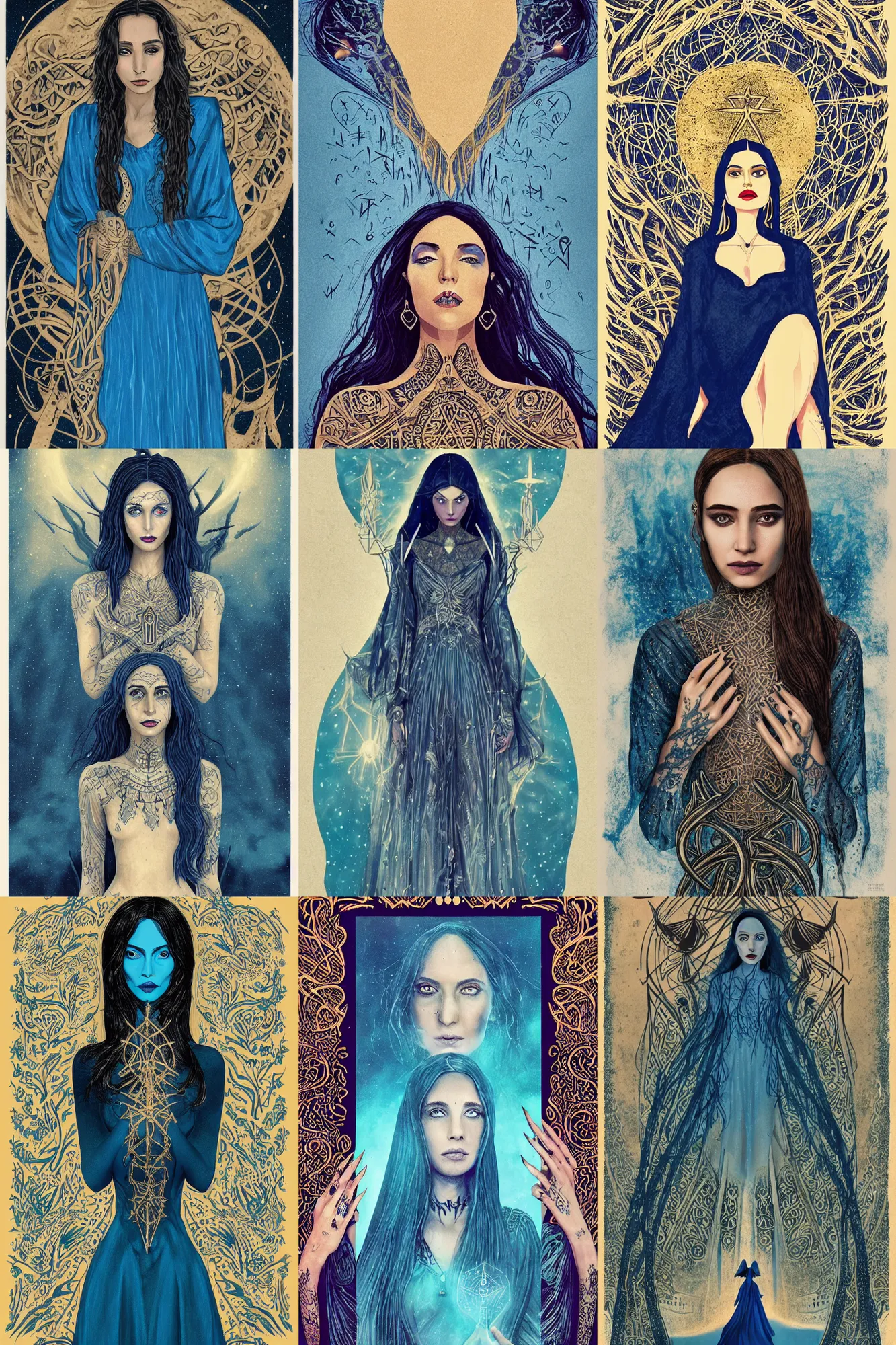 Prompt: young middle eastern woman, strange golden eldritch rune tattoos, blue silk dress, heavy makeup. the witch. illustration. movie poster. masterwork.