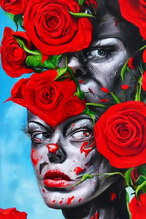 Prompt: oil painting, close-up, hight detailed, melting cyborg face with red roses everywhere at red planet, in style of 80s sci-fi art, neodada