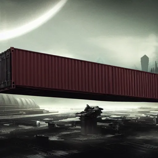 Image similar to spaceship made of shipping containers, black background, eve online, the expanse, long shot, gritty, industrial