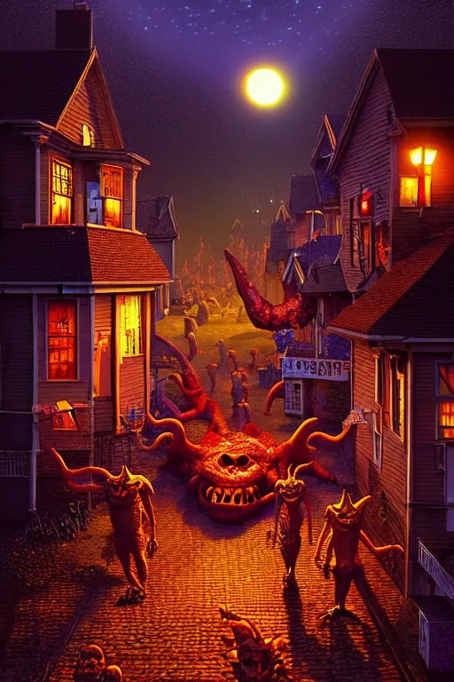 Prompt: a hyperrealistic vray rendering of a quiet autumn town being invaded by monsters in the night, cinematic horror by chris cunningham, lisa frank, richard corben, highly detailed, vivid color,