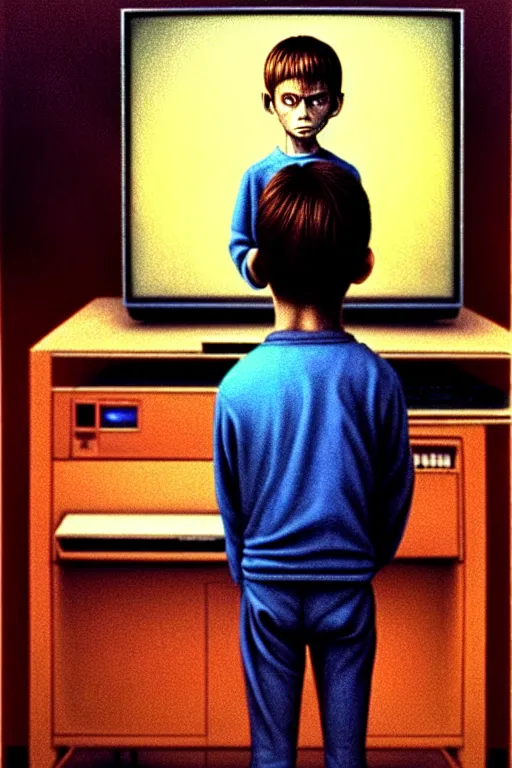 Image similar to realistic detailed color photo of a standing figure of a five years old boy in front of a PC computer monitor in an old dirty soviet apartment by and Mark Brooks, Neo-Gothic, gothic, rich deep colors. Beksinski painting, from a movie by David Cronenberg. masterpiece. realistic detailed image. Photographed with Leica Summilux-M 24 mm lens, ISO 100, f/8, Portra 400, kodak film, anamorphic lenses. high quality