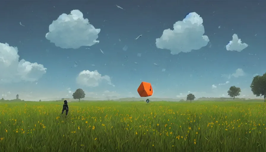 Prompt: hexagon in the sky, field with grass and flowers, clouds, big tree, person, matte painting, art station, blue sky, simon stalenhag