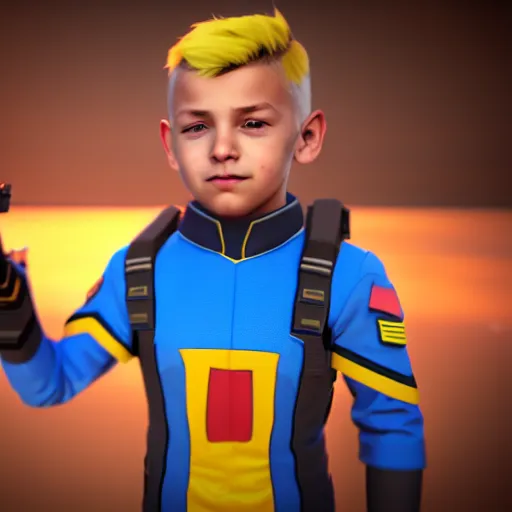 Image similar to a young boy with the appearance of soldier 7 6 from overwatch, design, octane render, 4 k, ingame shot