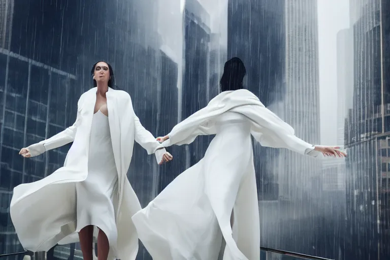 Prompt: a cinematic portrait of two women wearing long white futuristic coats, falling from the top of a sky scraper, large diffused light, 4 k, ultra realistic, dramatic lighting, rain, clouds, fog, vogue, fashion, glamour, magazine spread, by annie leibovitz