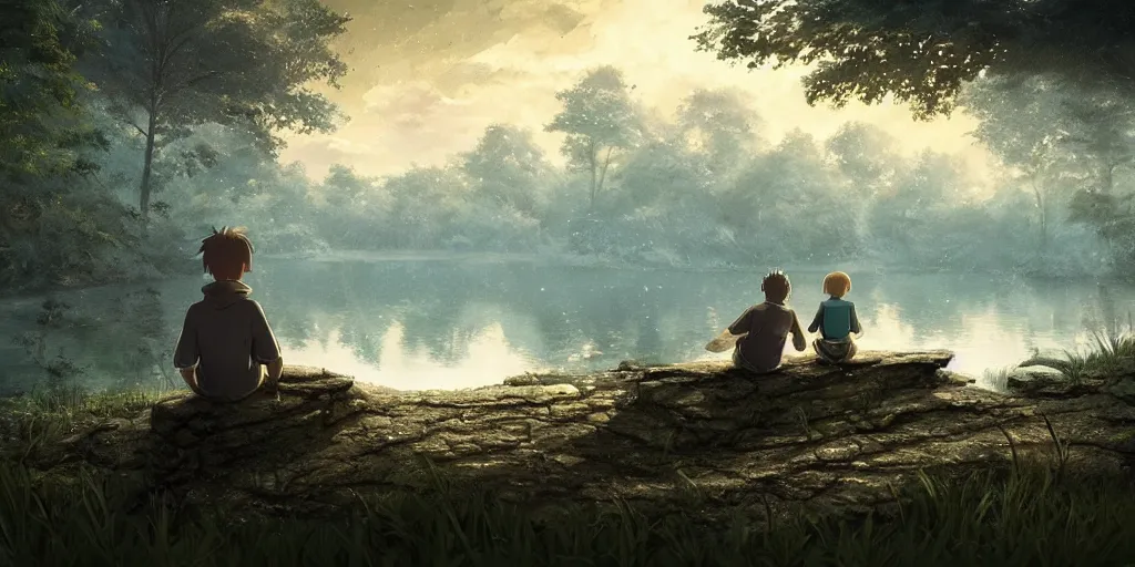 Image similar to a silver dragon and a boy sitting next to lake in forest, many fireflys, at night, concept art, dof, cryengine, digital art, detailed background, makoto shinkai