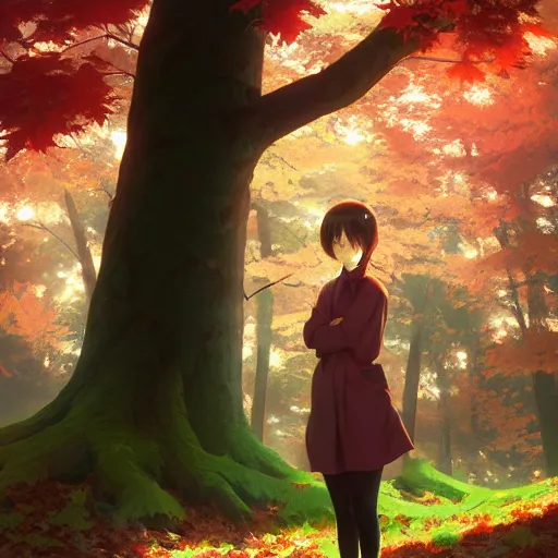 Prompt: realistic render of the girl character maple tree from bofuri by ross draws, forest background by ilya kuvshinov, digital anime art by ross tran, composition by sana takeda, lighting by greg rutkowski