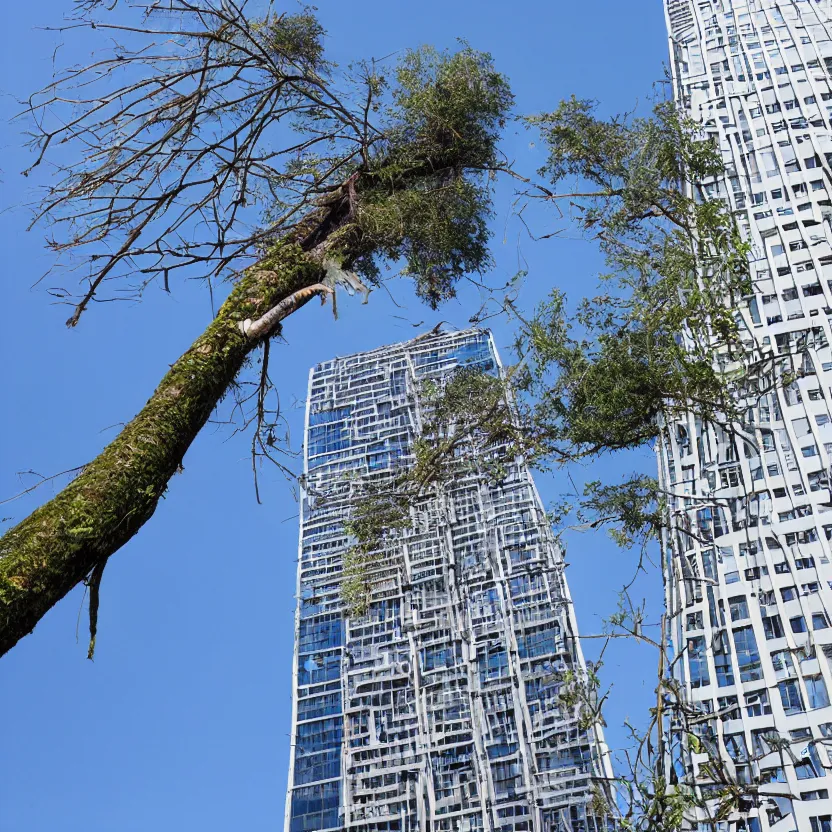 Prompt: trees cutting down a skyscraper