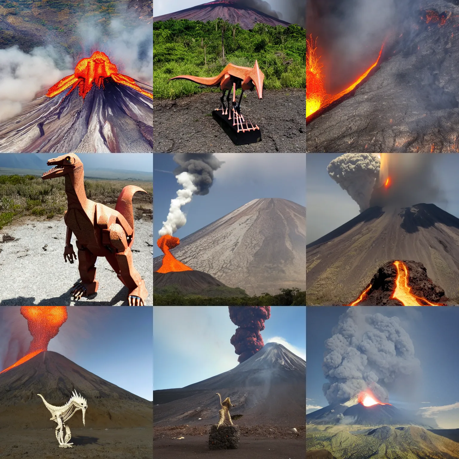 Prompt: (Jesus Christ) on (robot velociraptor), volcano exploding, photography