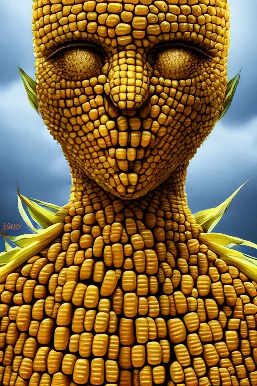 Prompt: a humanoid figure made of corn, highly detailed, digital art, sharp focus, trending on art station, amber eyes, anime art style