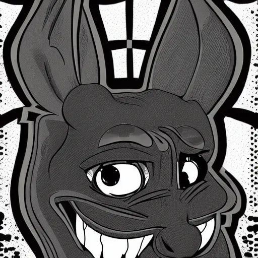 Image similar to A extremely highly detailed majestic hi-res beautiful, highly detailed head and shoulders portrait of a scary terrifying, horrifying, creepy black cartoon rabbit with scary big eyes, earing a shirt laughing, hey buddy, let's be friends, in the retro art style of Walt Disney