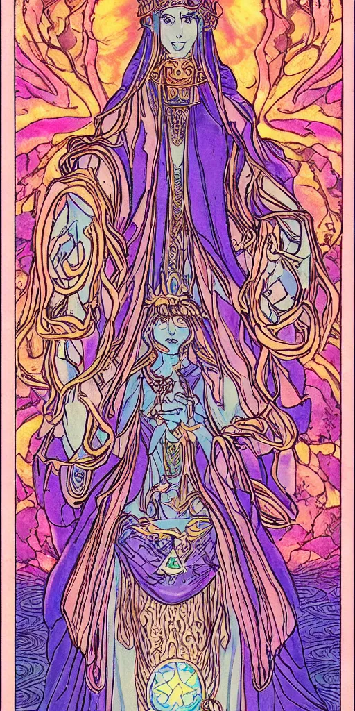 Image similar to a mystical woman priestess sitting on a throne, the divine feminine, drawn by studio UFOTABLE, psychedelic, fine line work, pastel colors, Tarot cards. The empress tarot card