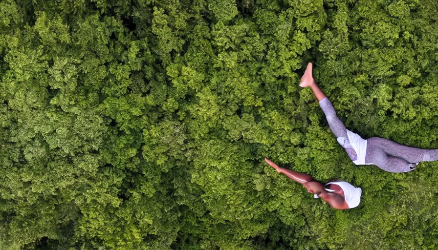 Prompt: lebron james doing yoga in the forest, cnn news footage taken from above.