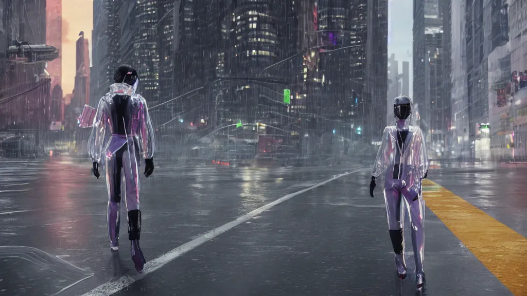 Image similar to modern sci-fi ninja woman with a sword and transparent plastic rainjacket and translucent clothing, walking towards oncoming busy traffic trucks and cars, in downtown chicago, daytime, wet floor on streets, matte painting, unreal engine, cinematic camera, mirrors edge, sunset overdrive