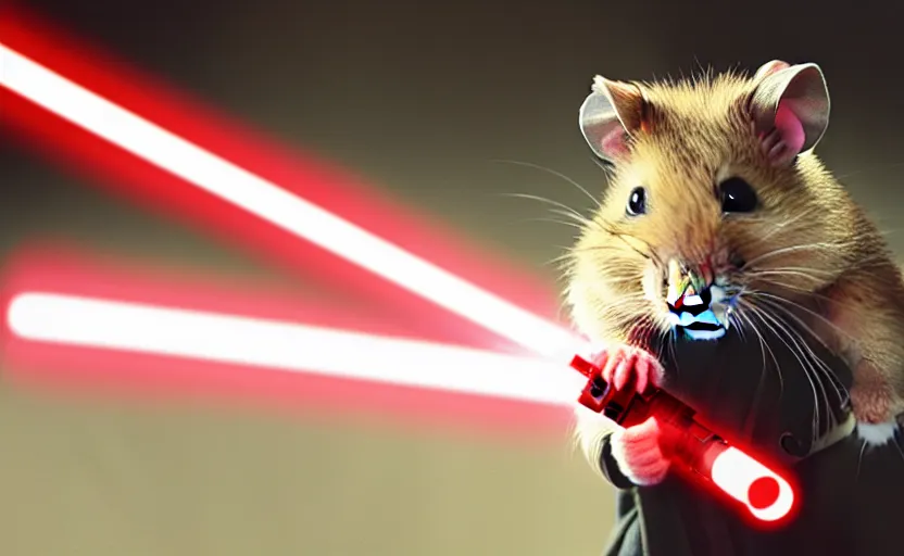 Image similar to hamster, wielding a lightsaber, movie still, star wars, cinematic, sharp focus, cinematic lighting, 8 k