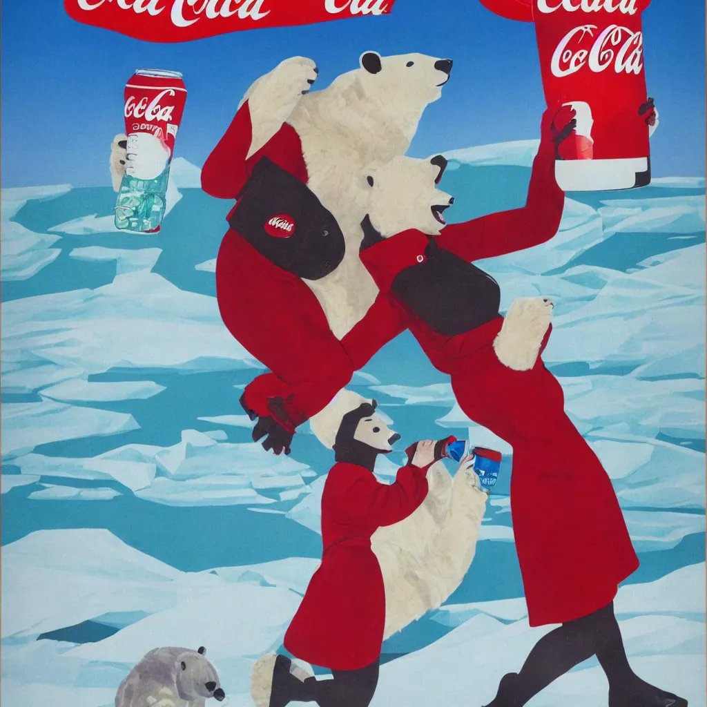 Image similar to woman wearing a parka drinking a bottle of coke in front of an icy polar landscape, polar bear in the far background, coka-cola advertisement, pinup style, retro ad, print advertising, 1960's, trending on artstation