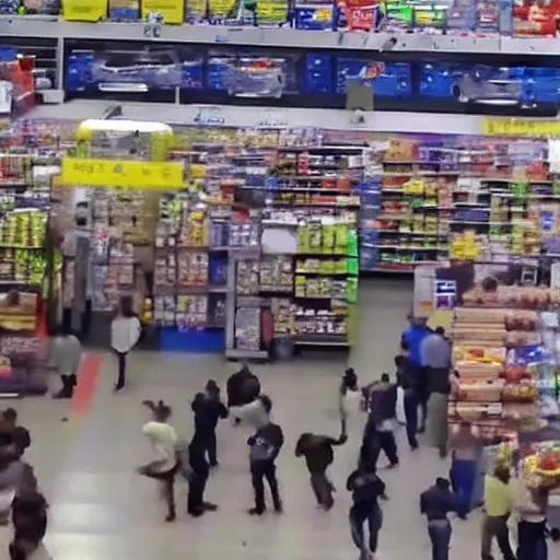 Image similar to cctv footage gang fight in walmart, high angle security camera feed, blurry and glitchy,