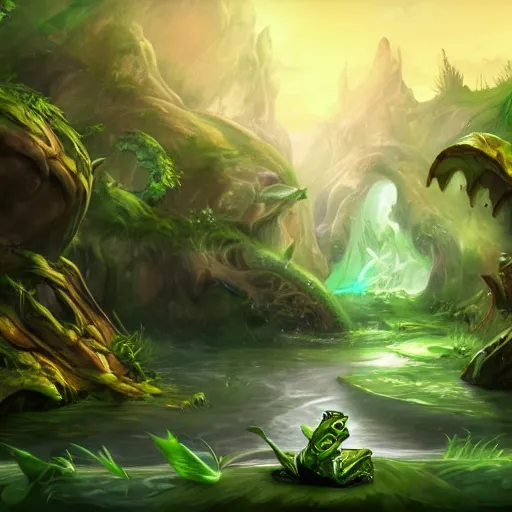 Image similar to beatiful art league of legends splash art of a frog in a swamp