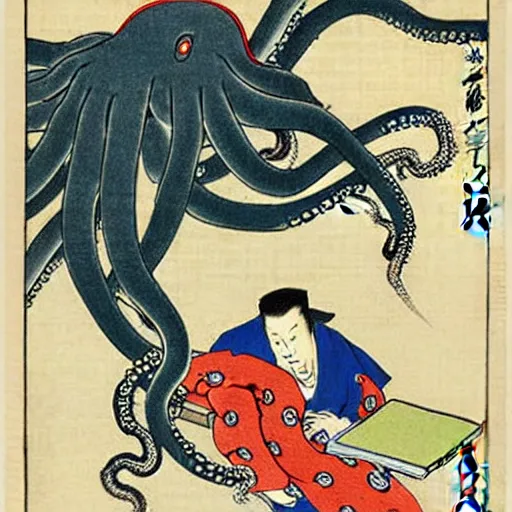 Image similar to an octopus teaching a man to use a computer, ukiyo-e by Utagawa Kuniyoshi