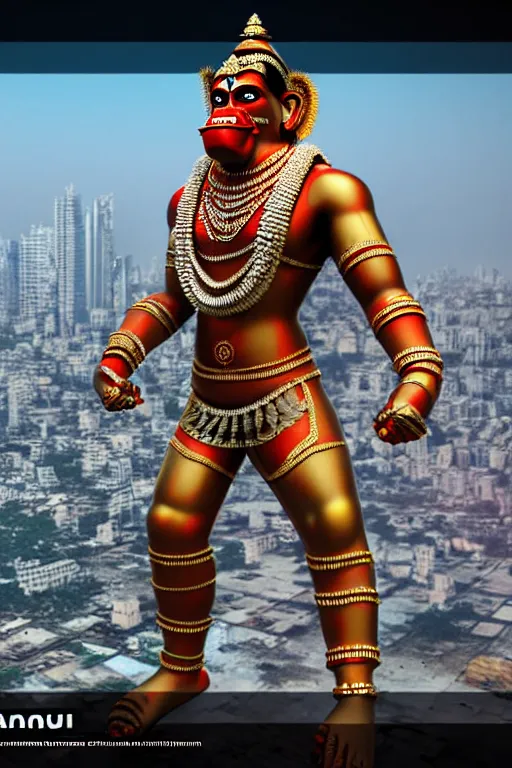 Image similar to high quality 3 d render cyborg hanuman! madhubani, highly detailed, cyberpunk!! mumbai in the background, unreal engine cinematic smooth, szukalski ravi varma, moody light, low angle, uhd 8 k, sharp focus