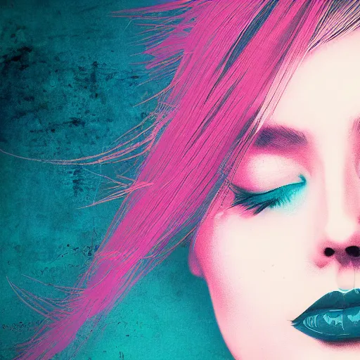 Image similar to a digital art of a beautiful woman. moody and melanchonic. with a little bit of cyan and pink